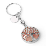 Keychain Gemstone Clear Quartz Tree of Life Engraved Stainless Steel Keyring