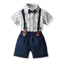 3PCS Boys Outfits  Short Sleeves Shirt and Suspender Dark Blue Shorts Dressy Up Set