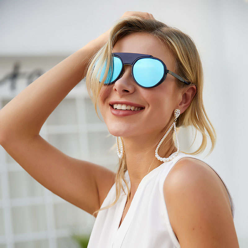 Sunglasses Round Lens Leather Punk Frame Eyewear