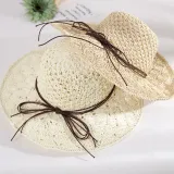 Women Handmad Straw Sunhat Wide Brim Beach Hollow Hat-A
