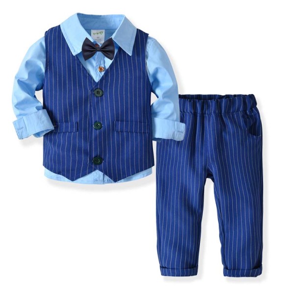 4PCS Boys Outfits Long Sleeves Shirt Match Vest And Stripe Pant Dressy Up Clothes