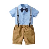 3PCS Boys Outfits  Short Sleeves Shirt and Suspender Khaki Shorts Dressy Up Set