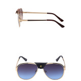 Sunglasses Leather Bridge Retro Round Lens Aviator Mirrored Eyewear
