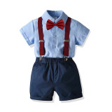 3PCS Boys Outfits  Short Sleeves Shirt and Suspender Dark Blue Shorts Dressy Up Set