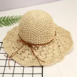 Women Handmad Straw Sunhat Wide Brim Beach Hollow Hat-C
