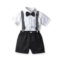 3PCS Boys Outfits  Short Sleeves Shirt and Suspender Black Shorts Dressy Up Set