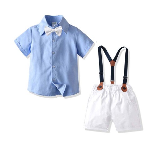 3PCS Boys Outfits  Short Sleeves Shirt and Suspender White Shorts Dressy Up Set