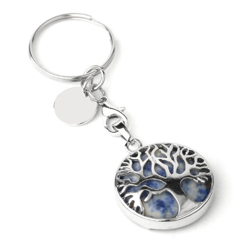 Keychain Engraved Gemstone Crystal Tree Of Life Pendant Stainless Steel Key Ring