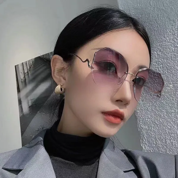 Sunglasses Metal Irregular Rimless Lens Wave Shape Arm Shades