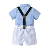 3PCS Boys Outfits  Short Sleeves Shirt and Suspender Shorts Dressy Up Baby Climb Clothes