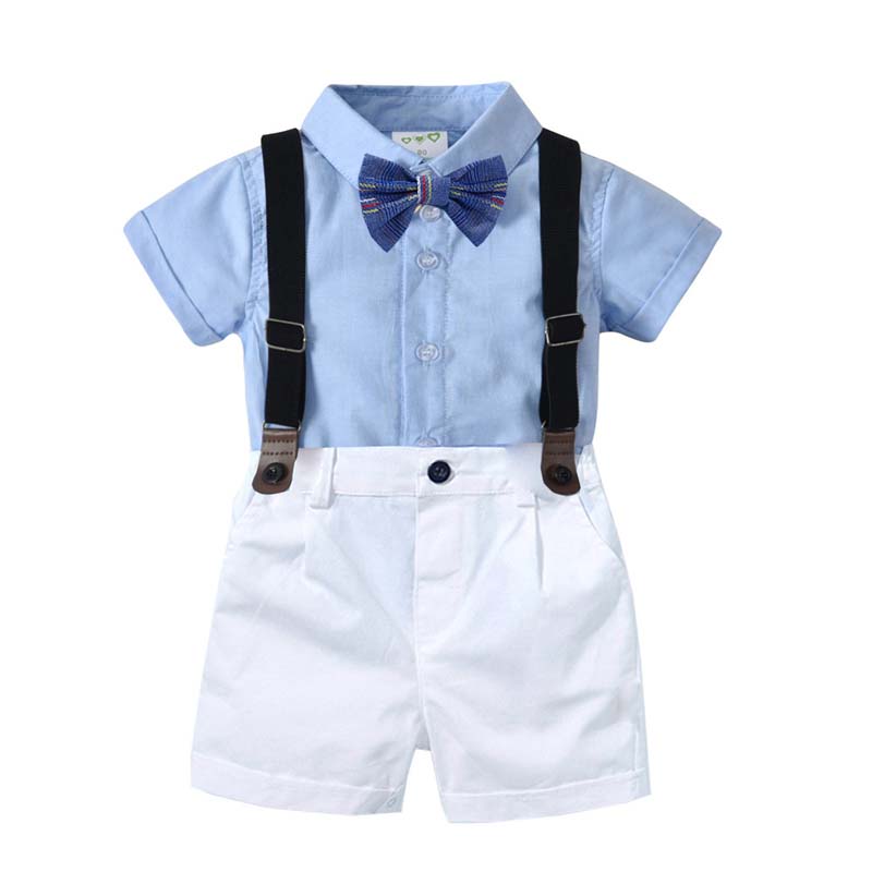 3PCS Boys Outfits  Short Sleeves Shirt and Suspender Shorts Dressy Up Baby Climb Clothes