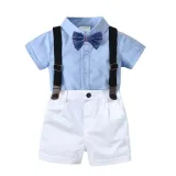 3PCS Boys Outfits  Short Sleeves Shirt and Suspender Shorts Dressy Up Baby Climb Clothes