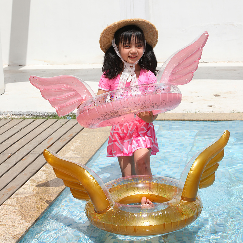 Toddler Kids Pool Floats Inflated Swimming Rings Sequins 3D Angel Wings Swimming Circle