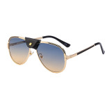 Sunglasses Leather Bridge Retro Round Lens Aviator Mirrored Eyewear