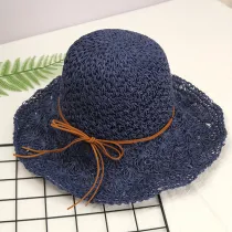 Women Handmad Straw Sunhat Wide Brim Beach Hollow Hat-C