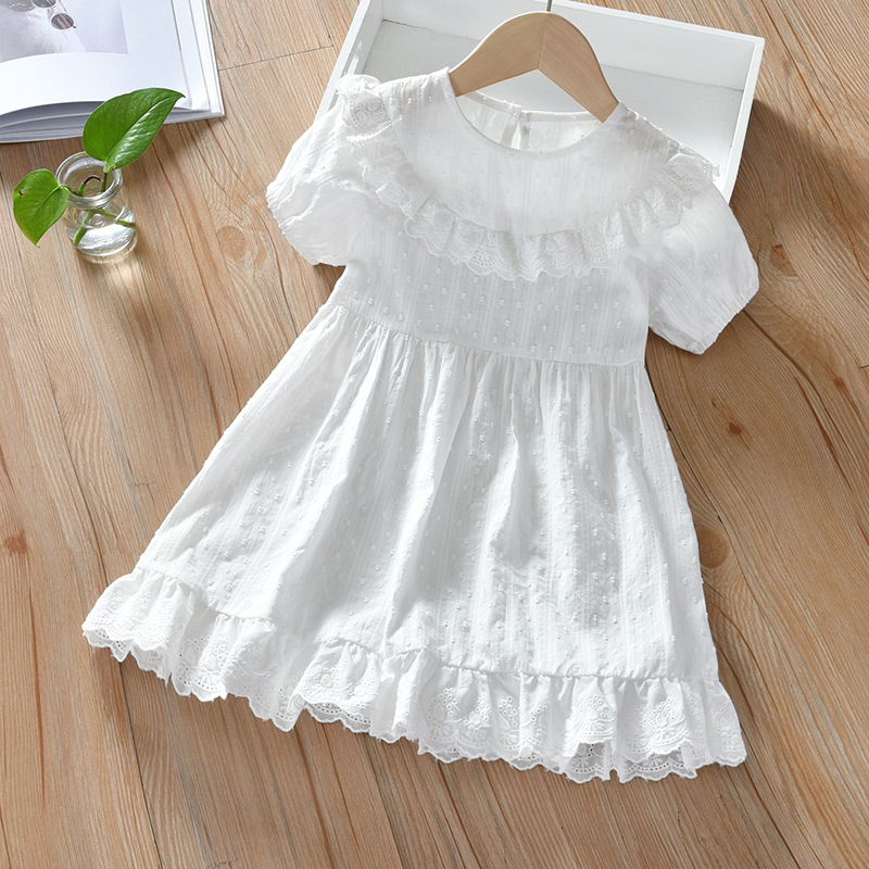 Toddler Girls Embroidery White Round Colar Ruffles Casual Cotton Dress