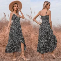Women Black Printed V-neck Slip Maxi Dress