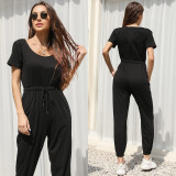 Women Round Neck Solid Color Sport Short Sleeves Jumpsuit