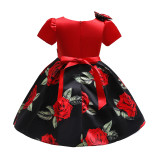 Toddler Girls Red Rose Flowers Formal Short Sleeve Gowns Dress