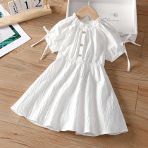 Toddler Girls White Round Collar Short Sleeve Casual Cotton Dress