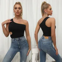 Women Summer New Solid Color One-Shoulder Hollow Casual Vest