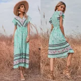 Women Boho Floral Lace Slim Short Sleeve V-Neck Dress