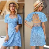 Women White Floral Short Sleeve Lace Up Backless Summer Dress