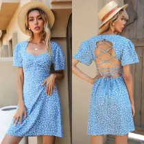 Women White Floral Short Sleeve Lace Up Backless Summer Dress