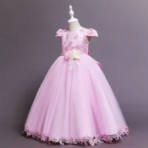 Toddler Girls Flower Flying Sleeve Formal Dress Pearls Gowns Dress