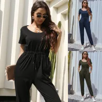 Women Round Neck Solid Color Sport Short Sleeves Jumpsuit