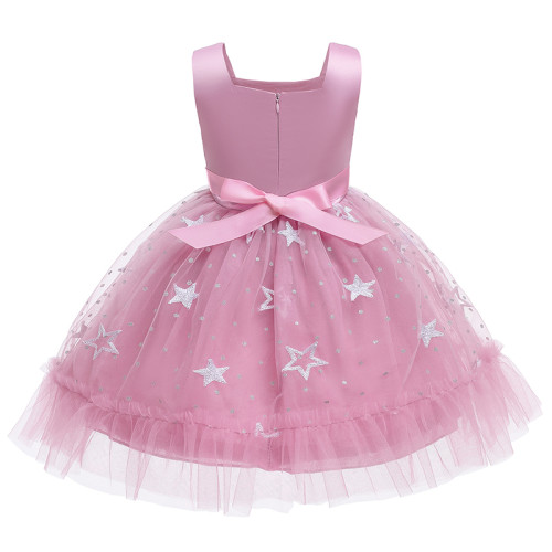 Toddler Girls Sequins Silver Stars Sleeveless Formal Dress Bow Tie Pink Gowns Dress