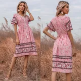 Women Boho Floral Lace Slim Short Sleeve V-Neck Dress