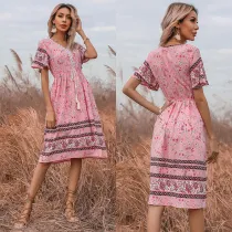 Women Boho Floral Lace Slim Short Sleeve V-Neck Dress