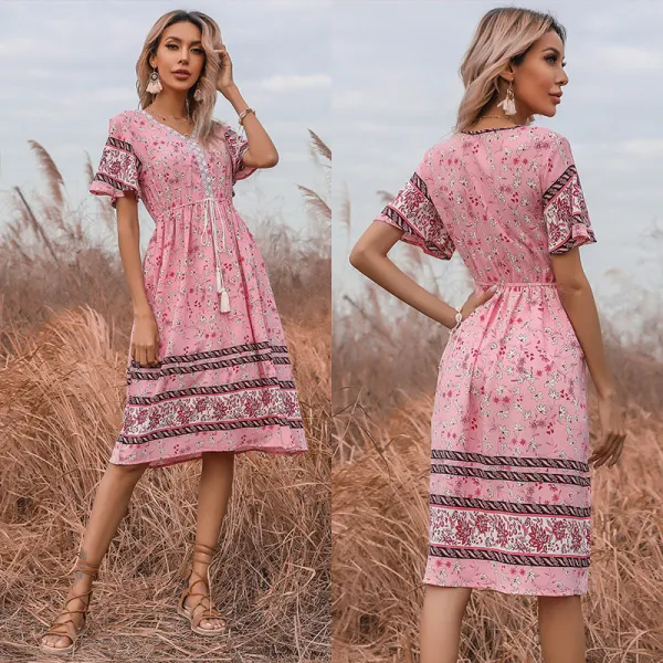 Women Boho Floral Lace Slim Short Sleeve V-Neck Dress