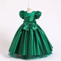 Toddler Girls Silks Satins Puff Sleeve Formal Dress Bow Tie Gowns Dress