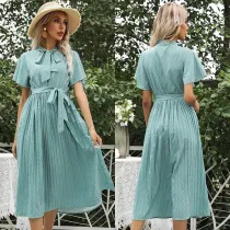 Women Green Scarf Collar Flare Dress