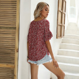 Women Red Floral Ruffles Sleeves Chiffon Blouse Top