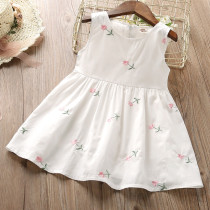 Toddler Girls Embroidery Pink Flower Pattern Sleeveless Casual White Dress