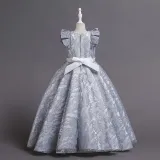 Toddler Girls Flying Sleeve Embroidery Lace Pearls Waist Formal Gowns Dress
