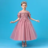 Toddler Girls Embroidery Flower Mesh Short Sleeve Formal Dress Lace Gowns Dress