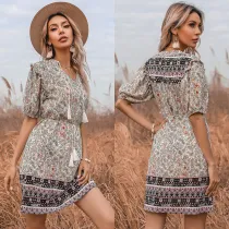 Women Floral Fringe Lace Vintage V-neck Boho Dress