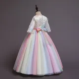 Toddler Girls Embroidery Flowers Rainbow Tutu Bowknot Back Lace Formal Gowns Dress