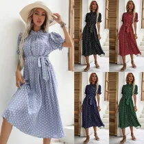 Women White Polka Dots Stand Collar Pleated Middle Dress