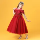 Toddler Girls Embroidery Flower Mesh Short Sleeve Formal Dress Lace Gowns Dress