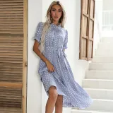 Women White Polka Dots Stand Collar Pleated Middle Dress
