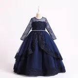Toddler Girls Embroidery Flower Mesh Long Sleeve Pearls Formal Dress Lace Gowns Dress