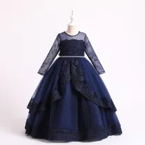 Toddler Girls Embroidery Flower Mesh Long Sleeve Pearls Formal Dress Lace Gowns Dress