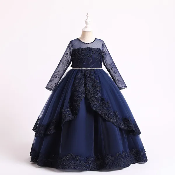 Toddler Girls Embroidery Flower Mesh Long Sleeve Pearls Formal Dress Lace Gowns Dress
