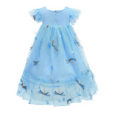 Toddler Girls Embroidery Dragonfly Formal Dress Flying Sleeve Mesh Dress