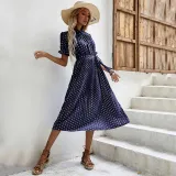 Women White Polka Dots Stand Collar Pleated Middle Dress